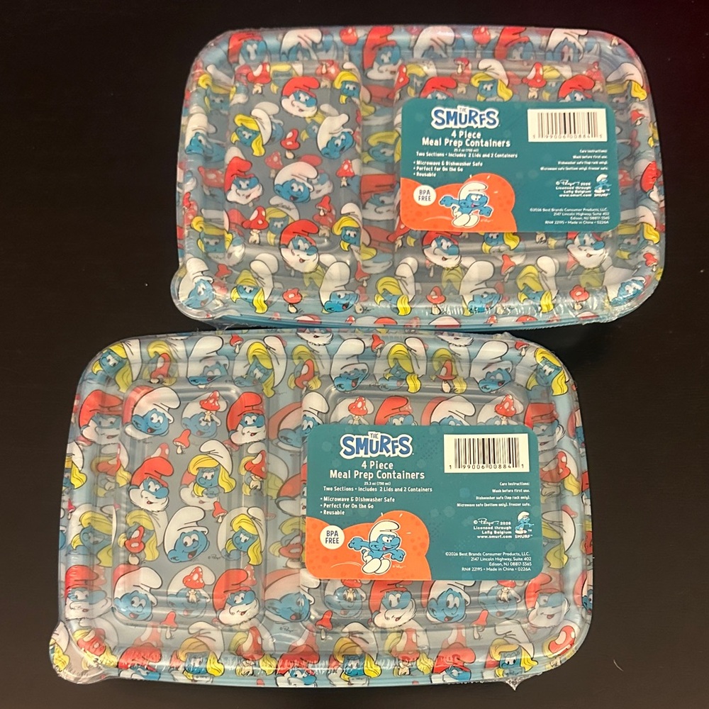 2 Smurfs 4-Piece Meal Prep Containers sets - Blue/Red/Yellow Pattern